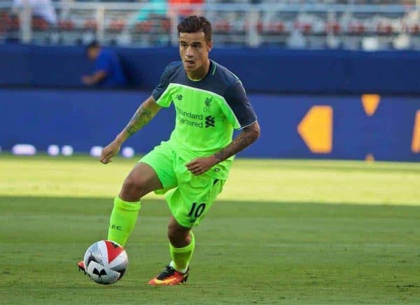 SANTA CLARA, USA - Saturday, July 30, 2016: Liverpool's Philippe Coutinho Correia in action against AC Milan during the International Champions Cup 2016 game on day ten of the club's USA Pre-season Tour at the Levi's Stadium. (Pic by David Rawcliffe/Propaganda)