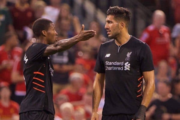 ST. LOUIS, USA - Monday, August 1, 2016: Liverpool's Georginio Wijnaldum and Emre Can argue after AS Roma score the opening goal during a pre-season friendly game on day twelve of the club's USA Pre-season Tour at the Busch Stadium. (Pic by David Rawcliffe/Propaganda)