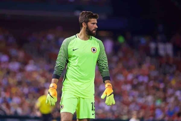  AS Roma's goalkeeper Becker Alisson in action against Liverpool during a pre-season friendly game on day twelve of the club's USA Pre-season Tour at the Busch Stadium. (Pic by David Rawcliffe/Propaganda)