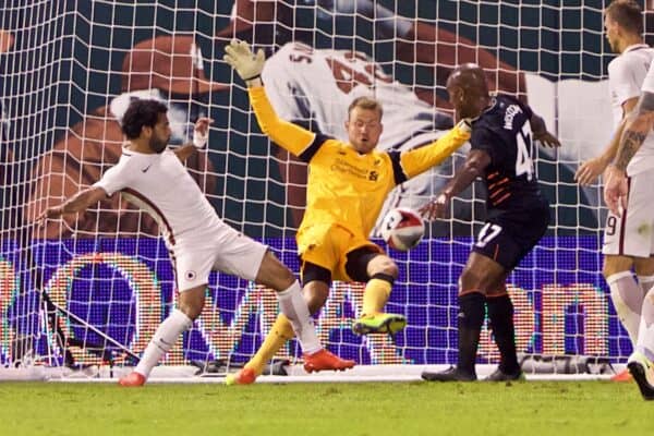 ST. LOUIS, USA - Monday, August 1, 2016: Liverpool's goalkeeper Simon Mignolet is beaten as AS Roma's Mohamed Salah scores the winning second goal during a pre-season friendly game on day twelve of the club's USA Pre-season Tour at the Busch Stadium. (Pic by David Rawcliffe/Propaganda)