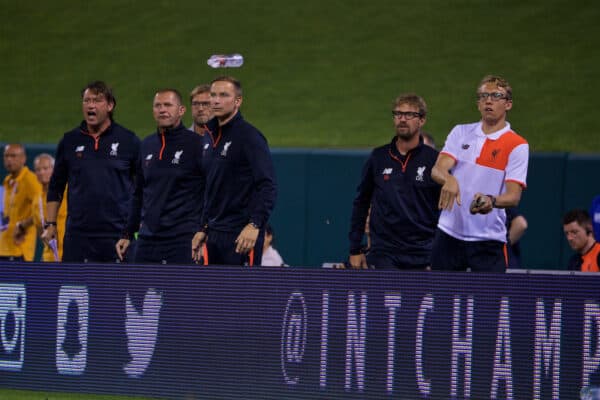 ST. LOUIS, USA - Monday, August 1, 2016: Liverpool's Lucas Leiva throws a bottle onto the pitch, and is later sent off, after team-mate Philippe Coutinho Correia is felled by a dangerous late tackle during a pre-season friendly game against AS Roma on day twelve of the club's USA Pre-season Tour at the Busch Stadium. (Pic by David Rawcliffe/Propaganda)