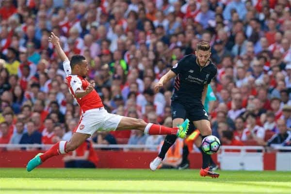 LONDON, ENGLAND - Sunday, August 14, 2016: Liverpool's Adam Lallana in action against Arsenal during the FA Premier League match at the Emirates Stadium. (Pic by David Rawcliffe/Propaganda)