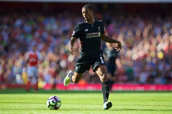 LONDON, ENGLAND - Sunday, August 14, 2016: Liverpool's Georginio Wijnaldum in action against Arsenal during the FA Premier League match at the Emirates Stadium. (Pic by David Rawcliffe/Propaganda)