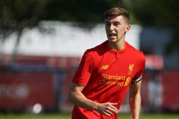 KIRKBY, ENGLAND - Monday, August 15, 2016: Liverpool's captain Conor Masterson in action against Blackburn Rovers during the Under-18 FA Premier League match at the Kirkby Academy. (Pic by David Rawcliffe/Propaganda)