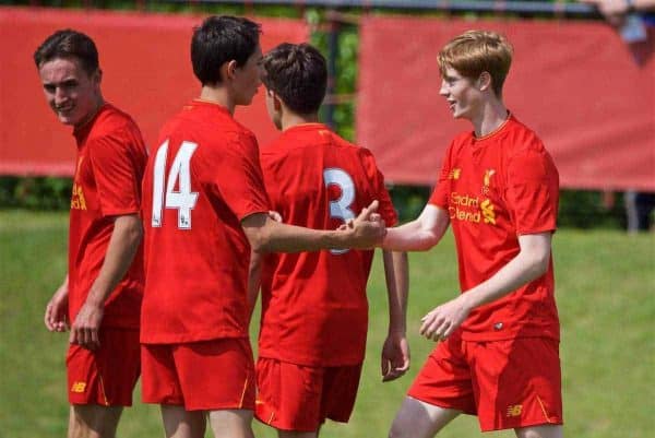 KIRKBY, ENGLAND - Monday, August 15, 2016: Liverpool's Glen McAuley celebrates scoring the fourth goal against Blackburn Rovers during the Under-18 FA Premier League match at the Kirkby Academy. (Pic by David Rawcliffe/Propaganda)
