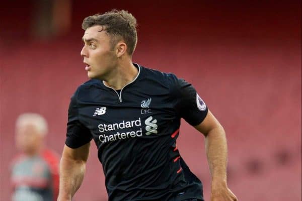 LONDON, ENGLAND - Friday, August 26, 2016: Liverpool's Connor Randall in action against Arsenal during the FA Premier League 2 Under-23 match at the Emirates Stadium. (Pic by David Rawcliffe/Propaganda)