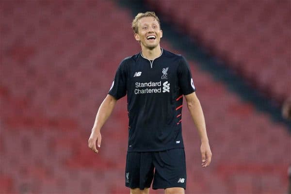 LONDON, ENGLAND - Friday, August 26, 2016: Liverpool's Lucas Leiva in action against Arsenal during the FA Premier League 2 Under-23 match at the Emirates Stadium. (Pic by David Rawcliffe/Propaganda)