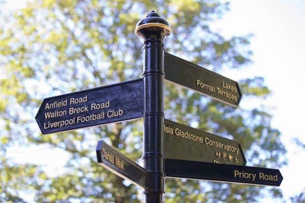 LIVERPOOL, ENGLAND - Monday, August 29, 2016: Signs in Stanley Park outside Liverpool's new Main Stand as it undergoes testing as supporters experience the newly rebuilt stand for the second time at Anfield. (Pic by David Rawcliffe/Propaganda)