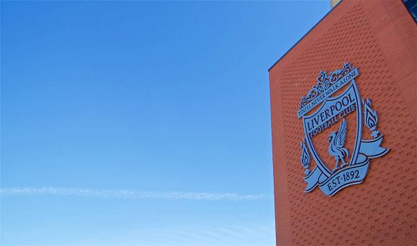 LIVERPOOL, ENGLAND - Monday, August 29, 2016: The club crest on the brick wall of the Main Stand as Liverpool's new Main Stand undergoes testing as supporters experience the newly rebuilt stand for the second time at Anfield. (Pic by David Rawcliffe/Propaganda)