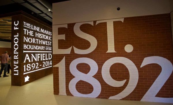 LIVERPOOL, ENGLAND - Monday, August 29, 2016: Interior design on the concourse of Liverpool's new Main Stand at it undergoes testing as supporters experience the newly rebuilt stand for the second time at Anfield. (Pic by David Rawcliffe/Propaganda)