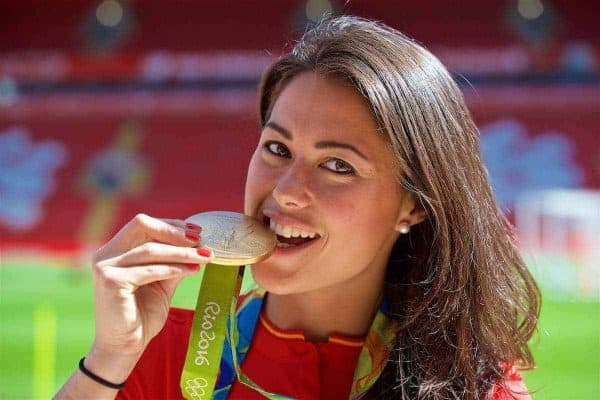 LIVERPOOL, ENGLAND - Monday, August 29, 2016: Liverpool supporter Sam Quek, shows off her Rio Olympics Gold Medal won with the Team GB hockey team, at Liverpool's new Main Stand test event as supporters experience the newly rebuilt stand for the second time at Anfield. (Pic by David Rawcliffe/Propaganda)