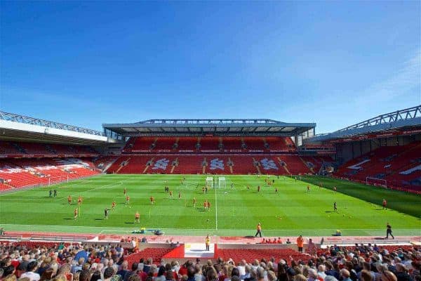 LIVERPOOL, ENGLAND - Monday, August 29, 2016: Liverpool Ladies and Under-23 players train in-front of the new Main Stand as it undergoes testing as supporters experience the newly rebuilt stand for the second time at Anfield. (Pic by David Rawcliffe/Propaganda)