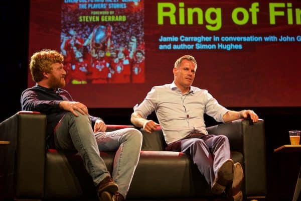 LIVERPOOL, ENGLAND - Friday, September 9, 2016: Former Liverpool player Jamie Carragher and author Simon Hughes on stage during the launch of Ring of Fire - Liverpool FC into the 21st century the players' story at Mountford Hall. (Pic by David Rawcliffe/Propaganda)