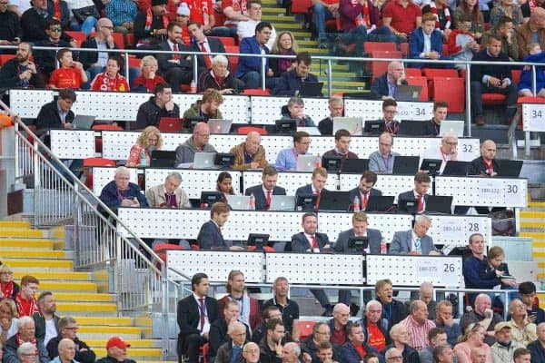 LIVERPOOL, ENGLAND - Saturday, September 10, 2016: Journalists in the press box during the FA Premier League match between Liverpool and Leicester City at Anfield. Dominic King, Tony Barrett, Mark Thompson, Richard Buxton, Simon Hughes, Chris Bascombe, James Pearce, Ian Doyle, Andy Kelly, Kristian Walsh, Ged Rea, Melissa Reddy. (Pic by David Rawcliffe/Propaganda)