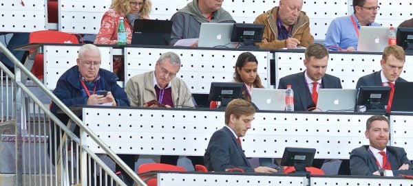 LIVERPOOL, ENGLAND - Saturday, September 10, 2016: Journalists in the press box during the FA Premier League match between Liverpool and Leicester City at Anfield. Dominic King, Tony Barrett, Mark Thompson, Richard Buxton, Simon Hughes, Chris Bascombe, James Pearce, Ian Doyle, Andy Kelly, Kristian Walsh, Ged Rea, Melissa Reddy. (Pic by David Rawcliffe/Propaganda)