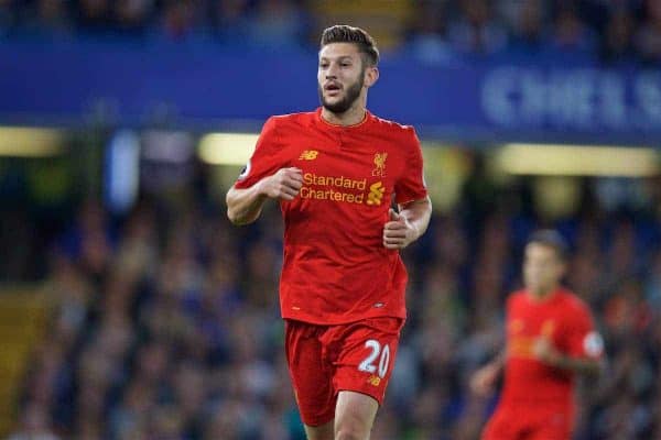 LONDON, ENGLAND - Friday, September 16, 2016: Liverpool's Adam Lallana in action against Chelsea during the FA Premier League match at Stamford Bridge. (Pic by David Rawcliffe/Propaganda)