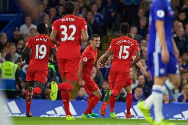 LONDON, ENGLAND - Friday, September 16, 2016: Liverpool's Dejan Lovren celebrates scoring the first goal against Chelsea during the FA Premier League match at Stamford Bridge. (Pic by David Rawcliffe/Propaganda)