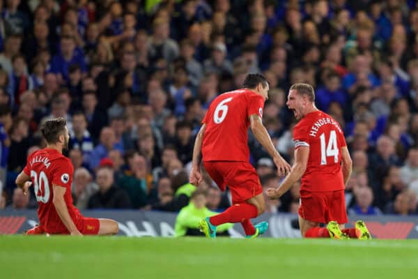 LONDON, ENGLAND - Friday, September 16, 2016: Liverpool's captain Jordan Henderson celebrates scoring the second goal against Chelsea with team-mate Dejan Lovren during the FA Premier League match at Stamford Bridge. (Pic by David Rawcliffe/Propaganda)