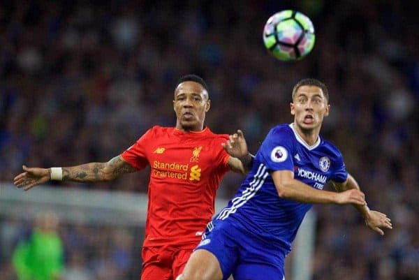 LONDON, ENGLAND - Friday, September 16, 2016: Liverpool's Nathaniel Clyne in action against Chelsea's Eden Hazard during the FA Premier League match at Stamford Bridge. (Pic by David Rawcliffe/Propaganda)