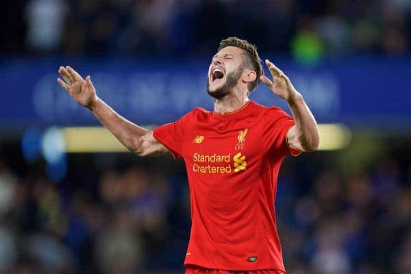 LONDON, ENGLAND - Friday, September 16, 2016: Liverpool's Adam Lallana celebrates after the 2-1 victory over Chelsea during the FA Premier League match at Stamford Bridge. (Pic by David Rawcliffe/Propaganda)