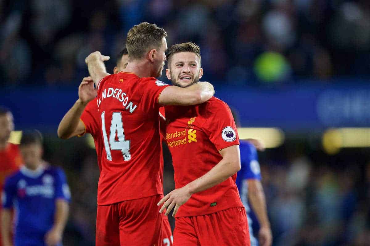 LONDON, ENGLAND - Friday, September 16, 2016: Liverpool's Adam Lallana celebrates after the 2-1 victory over Chelsea with team-mate captain Jordan Henderson during the FA Premier League match at Stamford Bridge. (Pic by David Rawcliffe/Propaganda)