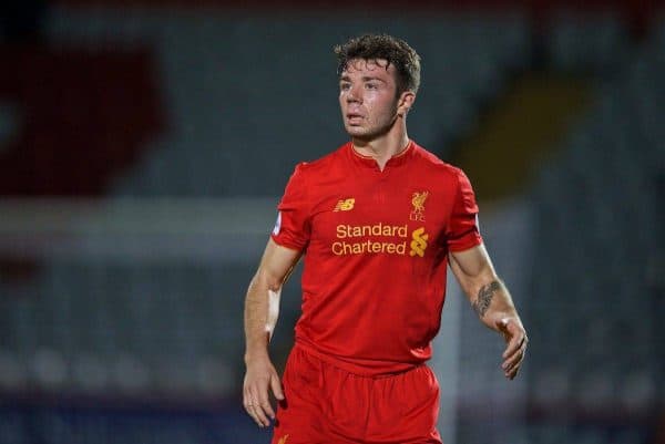 STEVENAGE, ENGLAND - Monday, September 19, 2016: Liverpool's Joe Maguire in action against Tottenham Hotspur during the FA Premier League 2 Under-23 match at Broadhall. (Pic by David Rawcliffe/Propaganda)