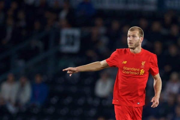 DERBY, ENGLAND - Tuesday, September 20, 2016: Liverpool's Ragnar Klavan in action against Derby County during the Football League Cup 3rd Round match at Pride Park. (Pic by David Rawcliffe/Propaganda)