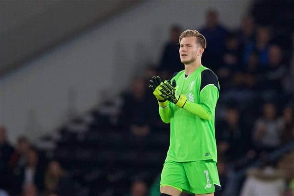 DERBY, ENGLAND - Tuesday, September 20, 2016: Liverpool's goalkeeper Loris Karius in action against Derby County during the Football League Cup 3rd Round match at Pride Park. (Pic by David Rawcliffe/Propaganda)