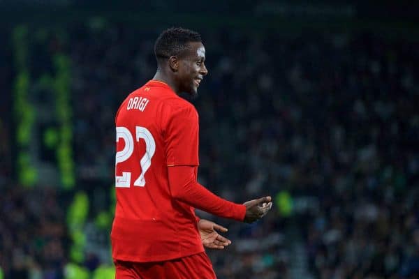 DERBY, ENGLAND - Tuesday, September 20, 2016: Liverpool's Divock Origi celebrates scoring the third goal against Derby County during the Football League Cup 3rd Round match at Pride Park. (Pic by David Rawcliffe/Propaganda)