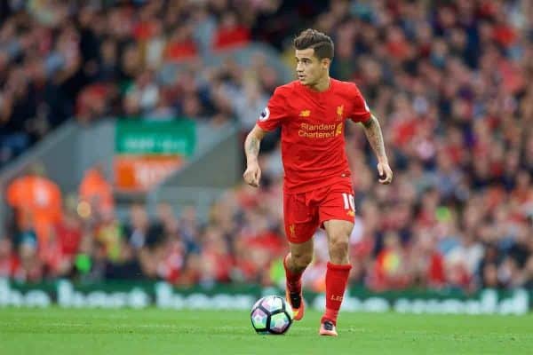 LIVERPOOL, ENGLAND - Saturday, September 24, 2016: Liverpool's Philippe Coutinho Correia in action against Hull City during the FA Premier League match at Anfield. (Pic by David Rawcliffe/Propaganda)