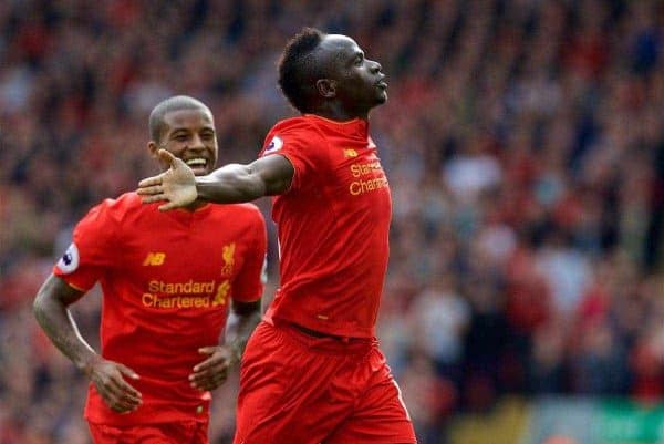 LIVERPOOL, ENGLAND - Saturday, September 24, 2016: Liverpool's Sadio Mane celebrates scoring the third goal against Hull City during the FA Premier League match at Anfield. (Pic by David Rawcliffe/Propaganda)