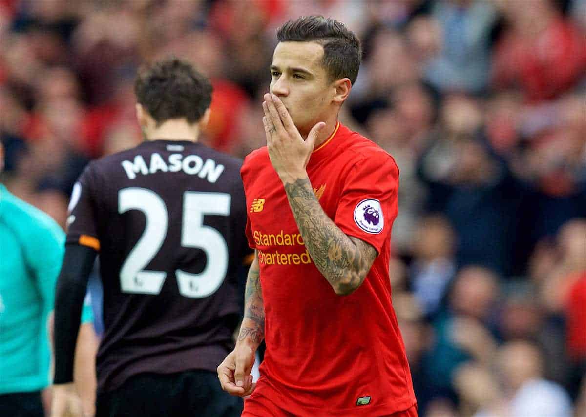 LIVERPOOL, ENGLAND - Saturday, September 24, 2016: Liverpool's Philippe Coutinho Correia celebrates scoring the fourth goal against Hull City during the FA Premier League match at Anfield. (Pic by David Rawcliffe/Propaganda)