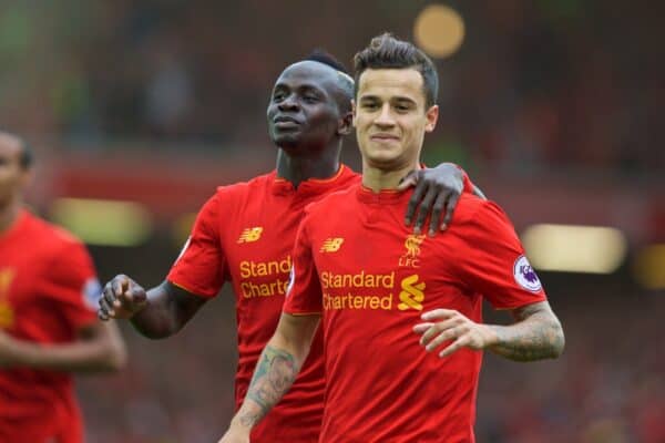 LIVERPOOL, ENGLAND - Saturday, September 24, 2016: Liverpool's Philippe Coutinho Correia celebrates scoring the fourth goal against Hull City with team-mate Sadio Mane during the FA Premier League match at Anfield. (Pic by David Rawcliffe/Propaganda)