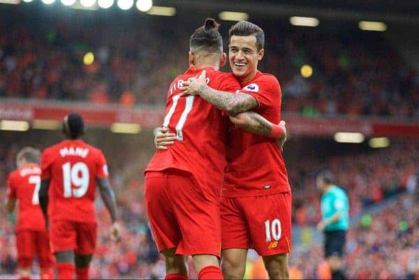 LIVERPOOL, ENGLAND - Saturday, September 24, 2016: Liverpool's Philippe Coutinho Correia celebrates scoring the fourth goal against Hull City with team-mate Roberto Firmino during the FA Premier League match at Anfield. (Pic by David Rawcliffe/Propaganda)