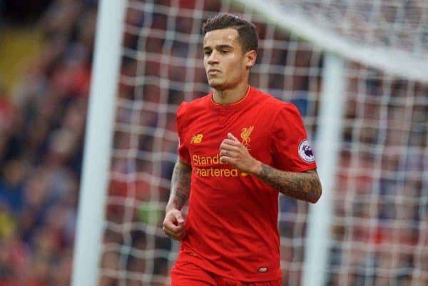 LIVERPOOL, ENGLAND - Saturday, September 24, 2016: Liverpool's Philippe Coutinho Correia in action against Hull City during the FA Premier League match at Anfield. (Pic by David Rawcliffe/Propaganda)