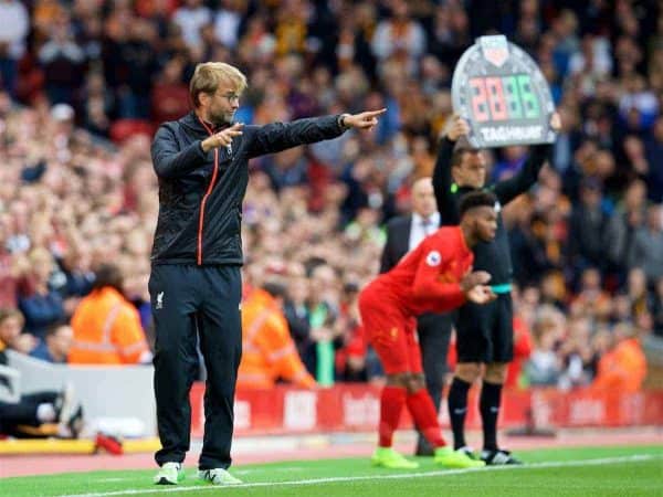 LIVERPOOL, ENGLAND - Saturday, September 24, 2016: Liverpool's manager Jürgen Klopp during the FA Premier League match against Hull City at Anfield. (Pic by David Rawcliffe/Propaganda)