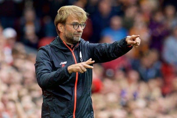 LIVERPOOL, ENGLAND - Saturday, September 24, 2016: Liverpool's manager Jürgen Klopp during the FA Premier League match against Hull City at Anfield. (Pic by David Rawcliffe/Propaganda)