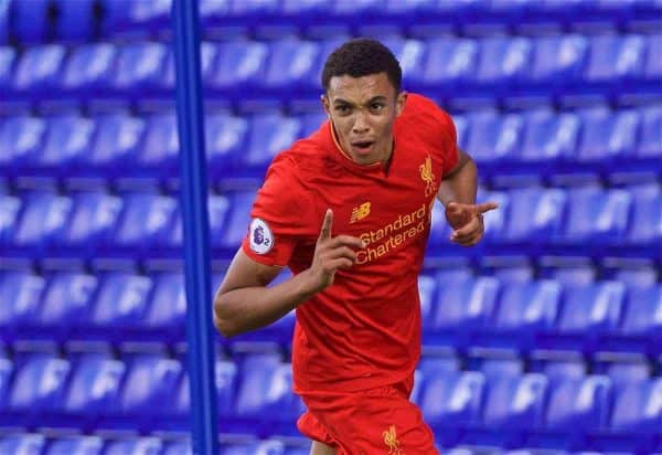 BIRKENHEAD, ENGLAND - Sunday, September 25, 2016: Liverpool's Trent Alexander-Arnold celebrates scoring the third goal against Sunderland during the FA Premier League 2 Under-23 match at Prenton Park. (Pic by David Rawcliffe/Propaganda)