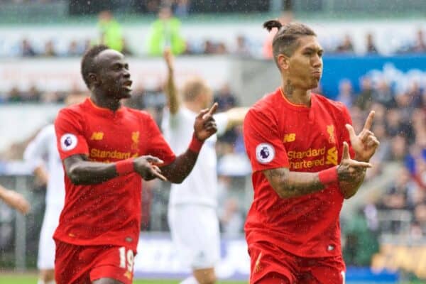 LIVERPOOL, ENGLAND - Saturday, October 1, 2016: Liverpool's Roberto Firmino celebrates scoring the first equalising goal against Swansea City during the FA Premier League match at the Liberty Stadium. (Pic by David Rawcliffe/Propaganda)