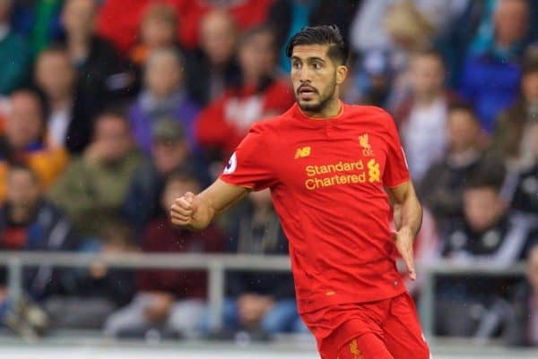 LIVERPOOL, ENGLAND - Saturday, October 1, 2016: Liverpool's Emre Can in action against Swansea City during the FA Premier League match at the Liberty Stadium. (Pic by David Rawcliffe/Propaganda)