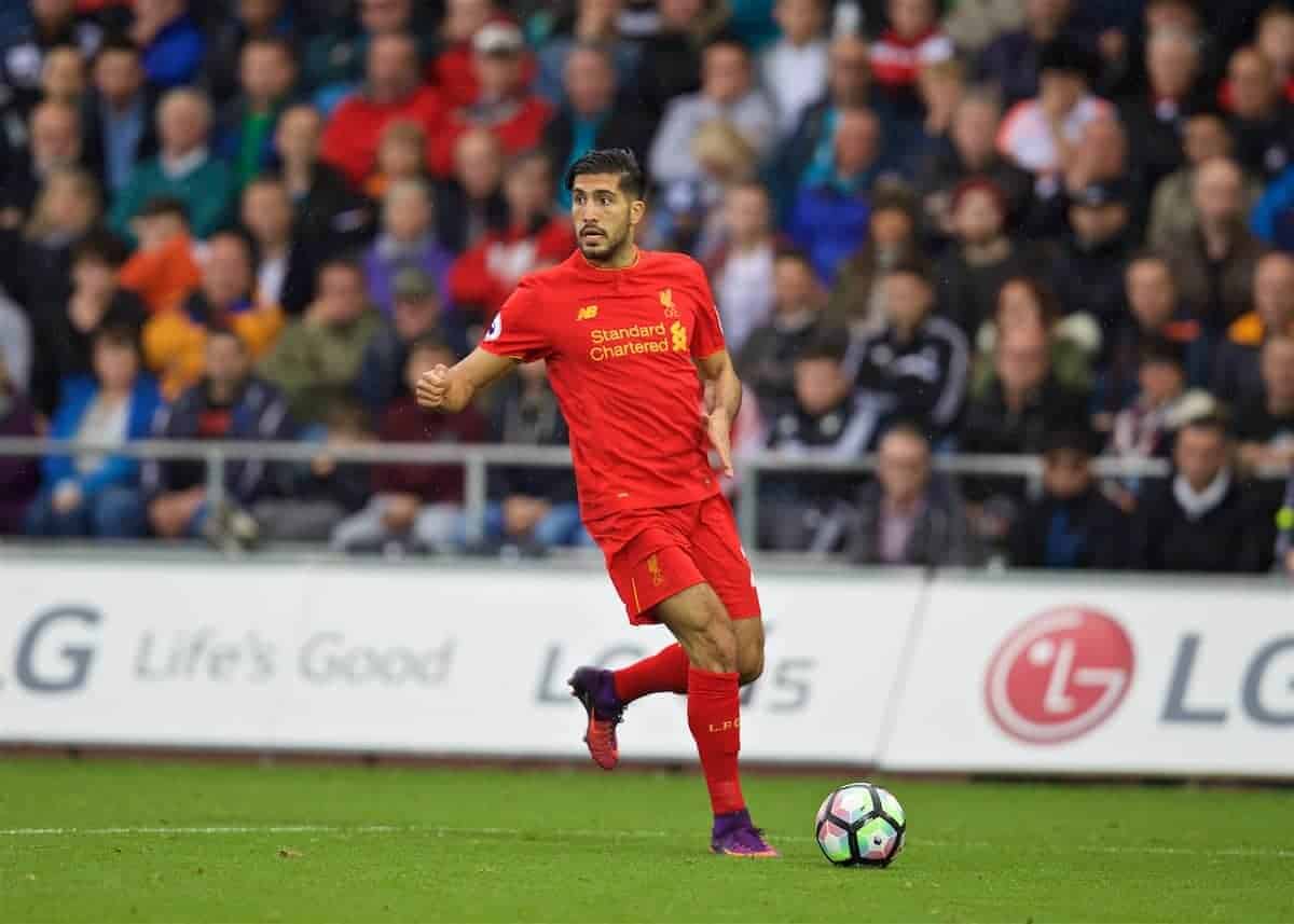 LIVERPOOL, ENGLAND - Saturday, October 1, 2016: Liverpool's Emre Can in action against Swansea City during the FA Premier League match at the Liberty Stadium. (Pic by David Rawcliffe/Propaganda)