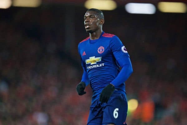 LIVERPOOL, ENGLAND - Monday, October 17, 2016: Manchester United's Paul Pogba in action against Liverpool during the FA Premier League match at Anfield. (Pic by David Rawcliffe/Propaganda)