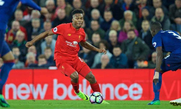 LIVERPOOL, ENGLAND - Monday, October 17, 2016: Liverpool's Daniel Sturridge in action against Manchester United during the FA Premier League match at Anfield. (Pic by David Rawcliffe/Propaganda)