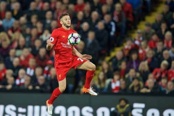 LIVERPOOL, ENGLAND - Monday, October 17, 2016: Liverpool's Adam Lallana in action against Manchester United during the FA Premier League match at Anfield. (Pic by David Rawcliffe/Propaganda)