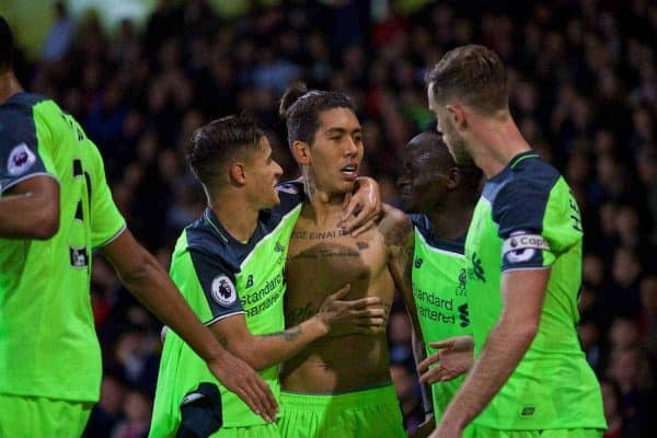 LONDON, ENGLAND - Saturday, October 29, 2016: Liverpool's Roberto Firmino celebrates scoring the fourth goal against Crystal Palace with team-mates Philippe Coutinho Correia, Sadio Mane and captain Jordan Henderson during the FA Premier League match at Selhurst Park. (Pic by David Rawcliffe/Propaganda)