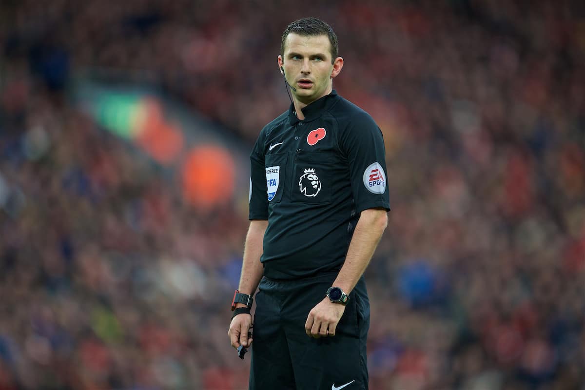 LIVERPOOL, ENGLAND - Sunday, November 6, 2016: Referee Michael Oliver Watford during the FA Premier League match between Liverpool and Watford at Anfield. (Pic by David Rawcliffe/Propaganda)