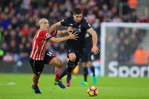 SOUTHAMPTON, ENGLAND - Saturday, November 19, 2016: Liverpool's Emre Can in action against Southampton's Oriol Romeu during the FA Premier League match at St. Mary's Stadium. (Pic by David Rawcliffe/Propaganda)