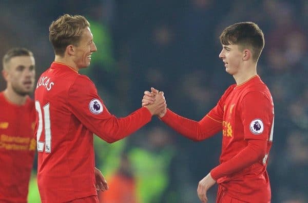 LIVERPOOL, ENGLAND - Saturday, November 26, 2016: Liverpool's Welsh youngster Ben Woodburn is congratulated by Lucas Leiva after making his debut against Sunderland during the FA Premier League match at Anfield. (Pic by David Rawcliffe/Propaganda)