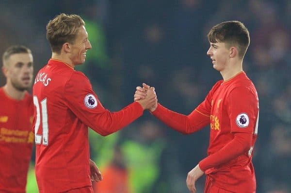 LIVERPOOL, ENGLAND - Saturday, November 26, 2016: Liverpool's Welsh youngster Ben Woodburn is congratulated by Lucas Leiva after making his debut against Sunderland during the FA Premier League match at Anfield. (Pic by David Rawcliffe/Propaganda)