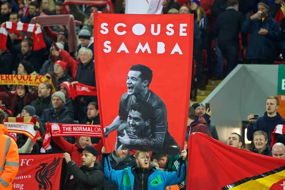 LIVERPOOL, ENGLAND - Tuesday, November 29, 2016: Liverpool supporters' banner "Scouse Samba" featuring Philippe Coutinho Correia and Roberto Firmino during the Football League Cup Quarter-Final match against Leeds United at Anfield. (Pic by David Rawcliffe/Propaganda)
